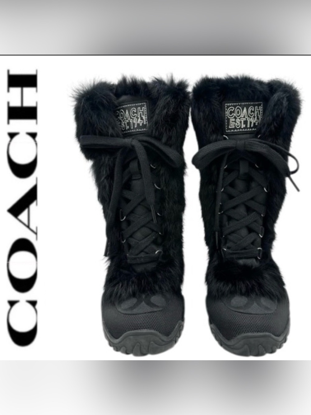 COACH Jennie Black Monogram Rabbit Fur Trim Lace Up Winter Snow Boots size 11 - Picture 15 of 15